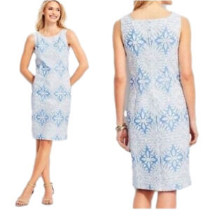 Talbots Blue White Floral Lace Lined‎ Sleeveless Shift Dress Sz 2P Petite